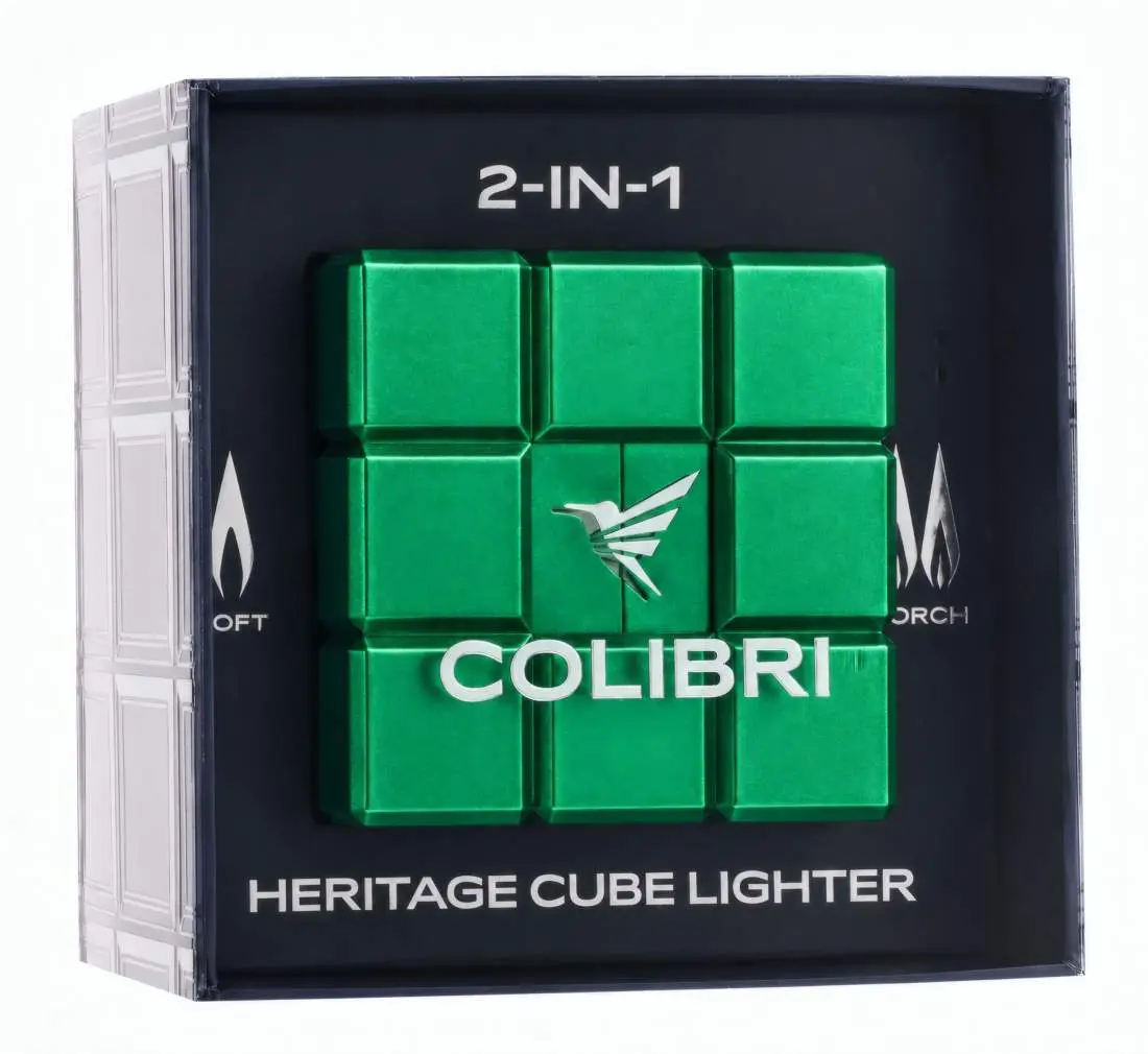 Produktbild: Colibri Heritage Cube grün Tischfeuerzeug Verpackung