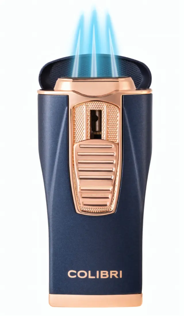 Produktbild: Colibri Monaco II Marine-Blau Rosegold geöffnet mit 3 Flammen