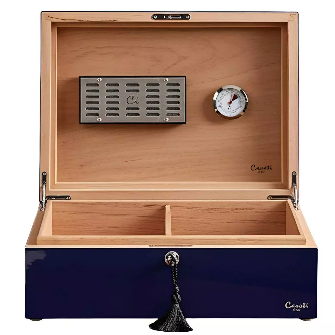 Produktbild: Humidor Caseti Paris dunkelblau vorne offen