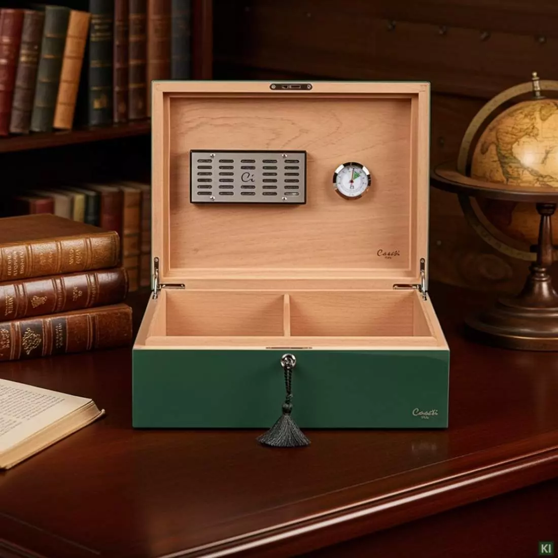 Produktbild: Humidor Caseti Paris grün in einer Bibliothek