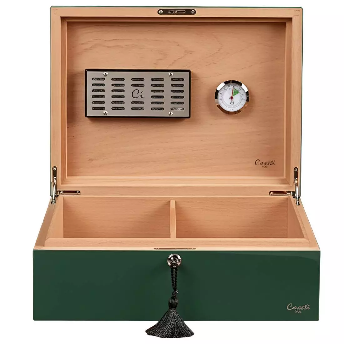 Produktbild: Humidor Caseti Paris grün vorne offen