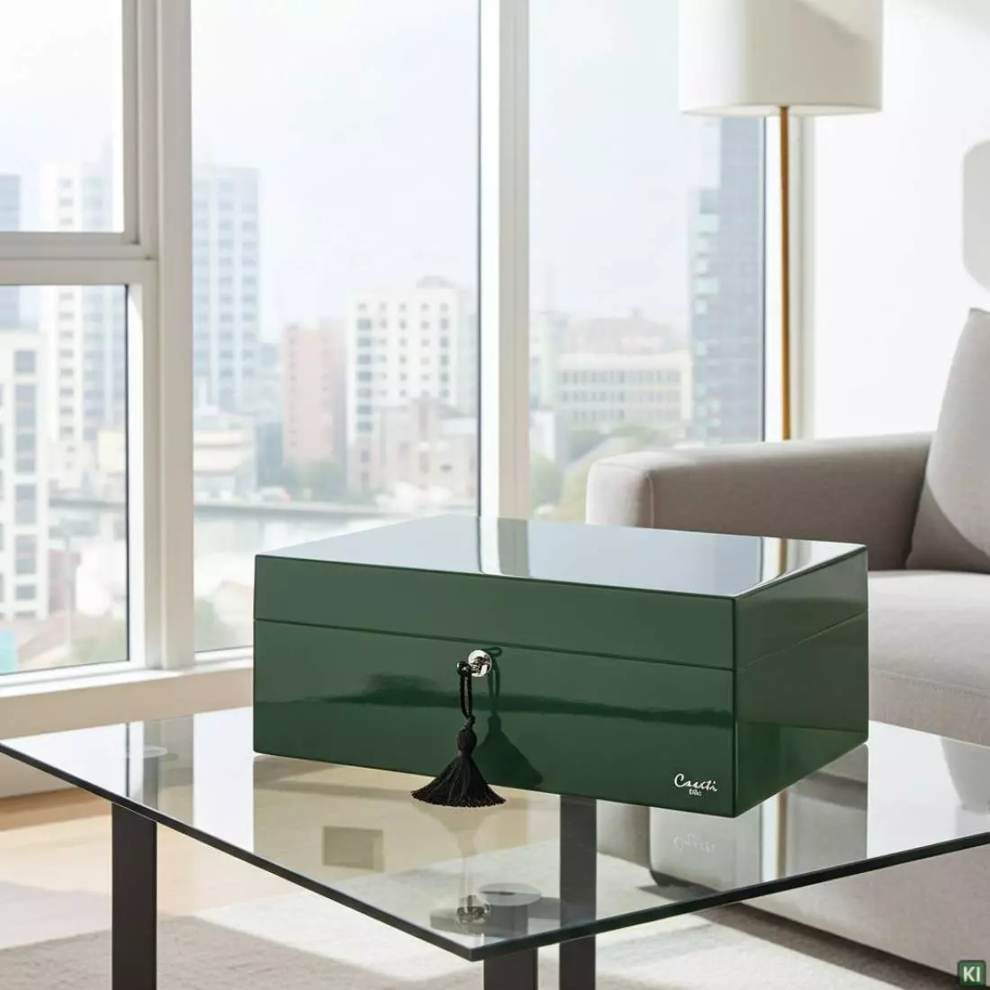 Produktbild: Humidor Caseti Paris grün im Wohnzimmer