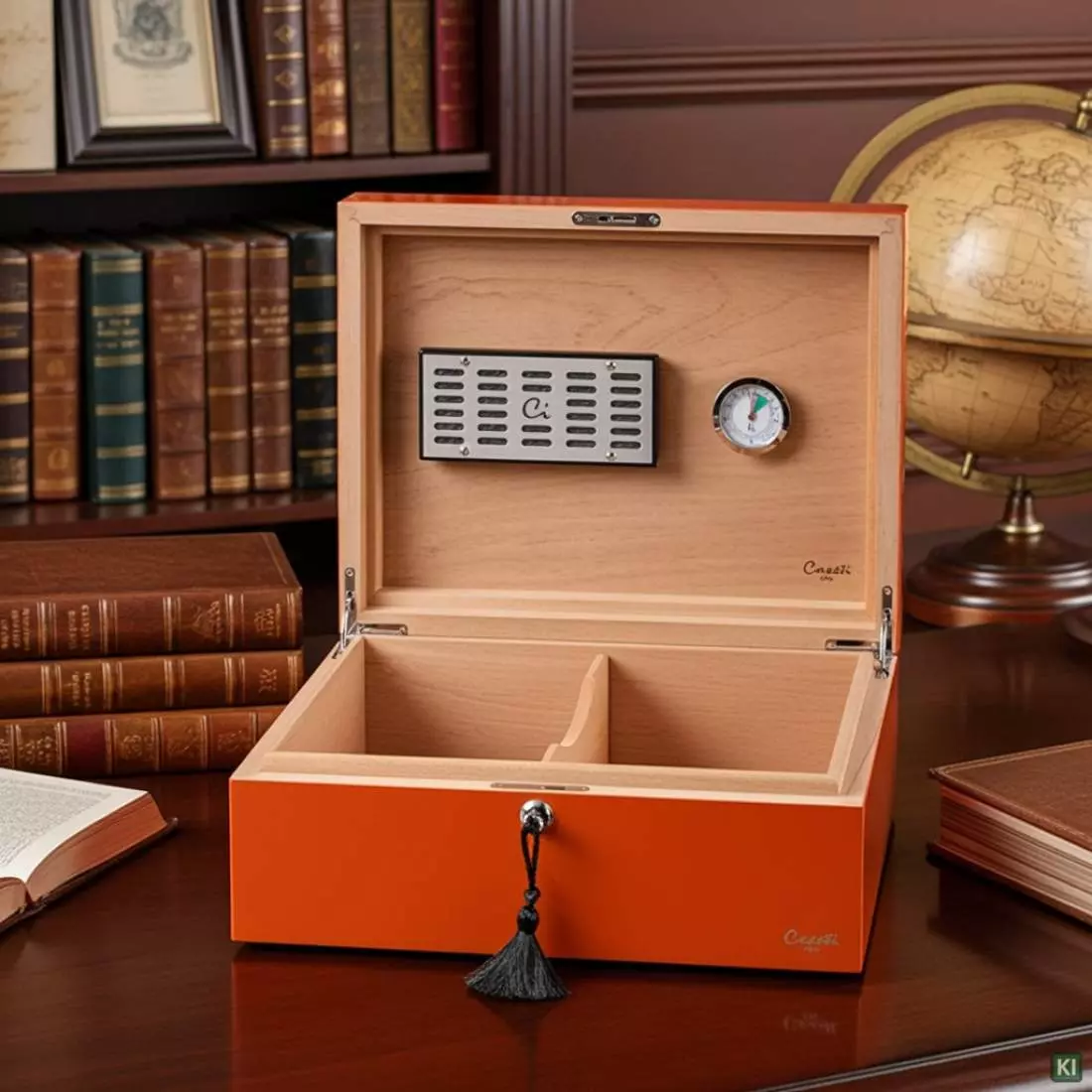 Produktbild: Humidor Caseti Paris orange in einer Bibliothek