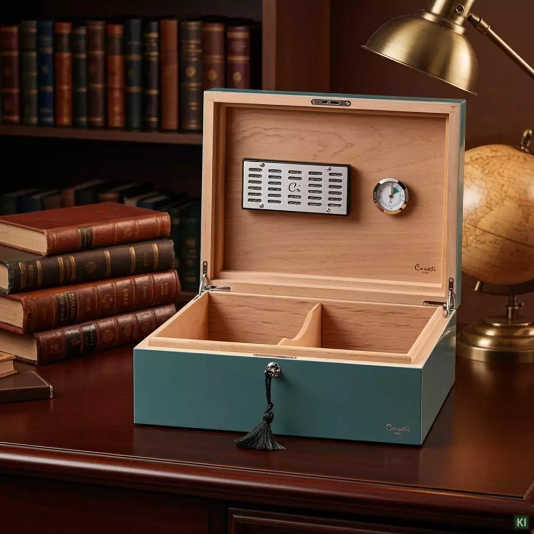 Produktbild: Humidor Caseti Paris light petrol in einer Bibliothek