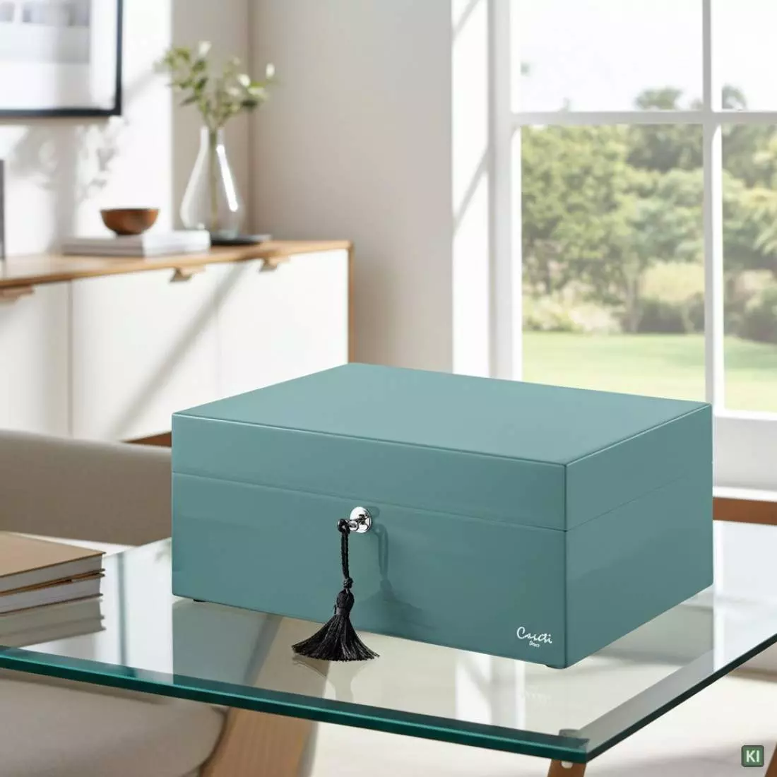 Produktbild: Humidor Caseti Paris light petrol im Wohnzimmer