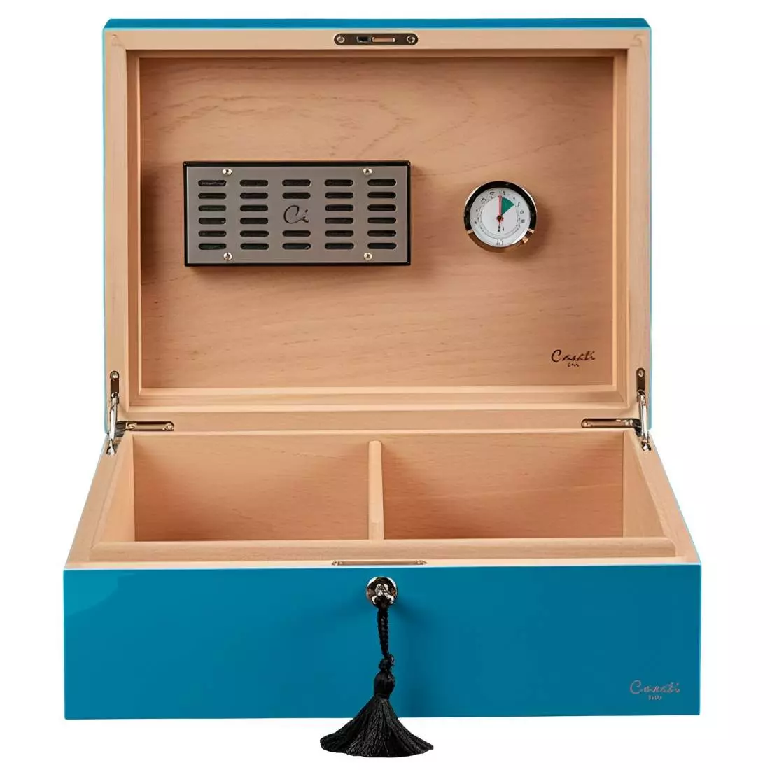 Produktbild: Humidor Caseti Paris türkis vorne offen