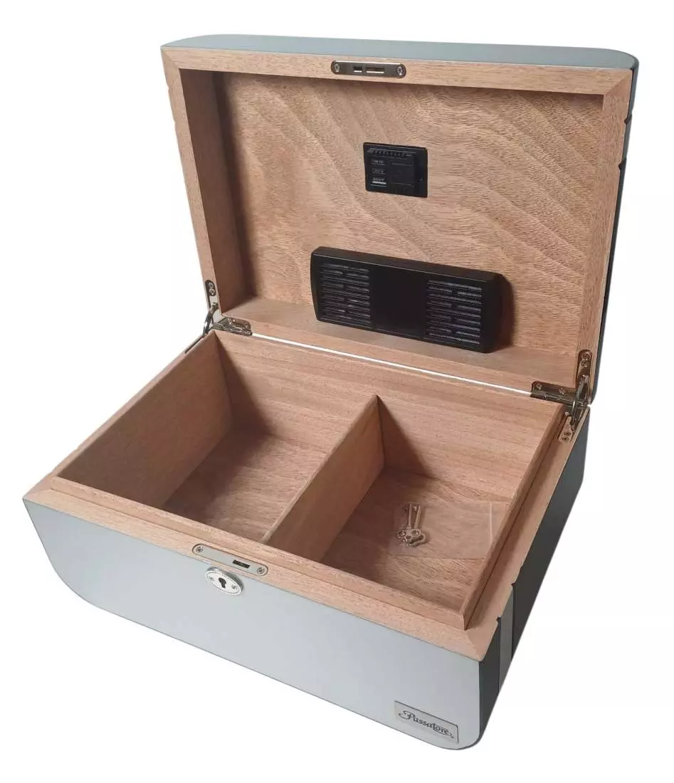 Produktbild: PASSATORE Humidor schwarz/silber offen seitlich