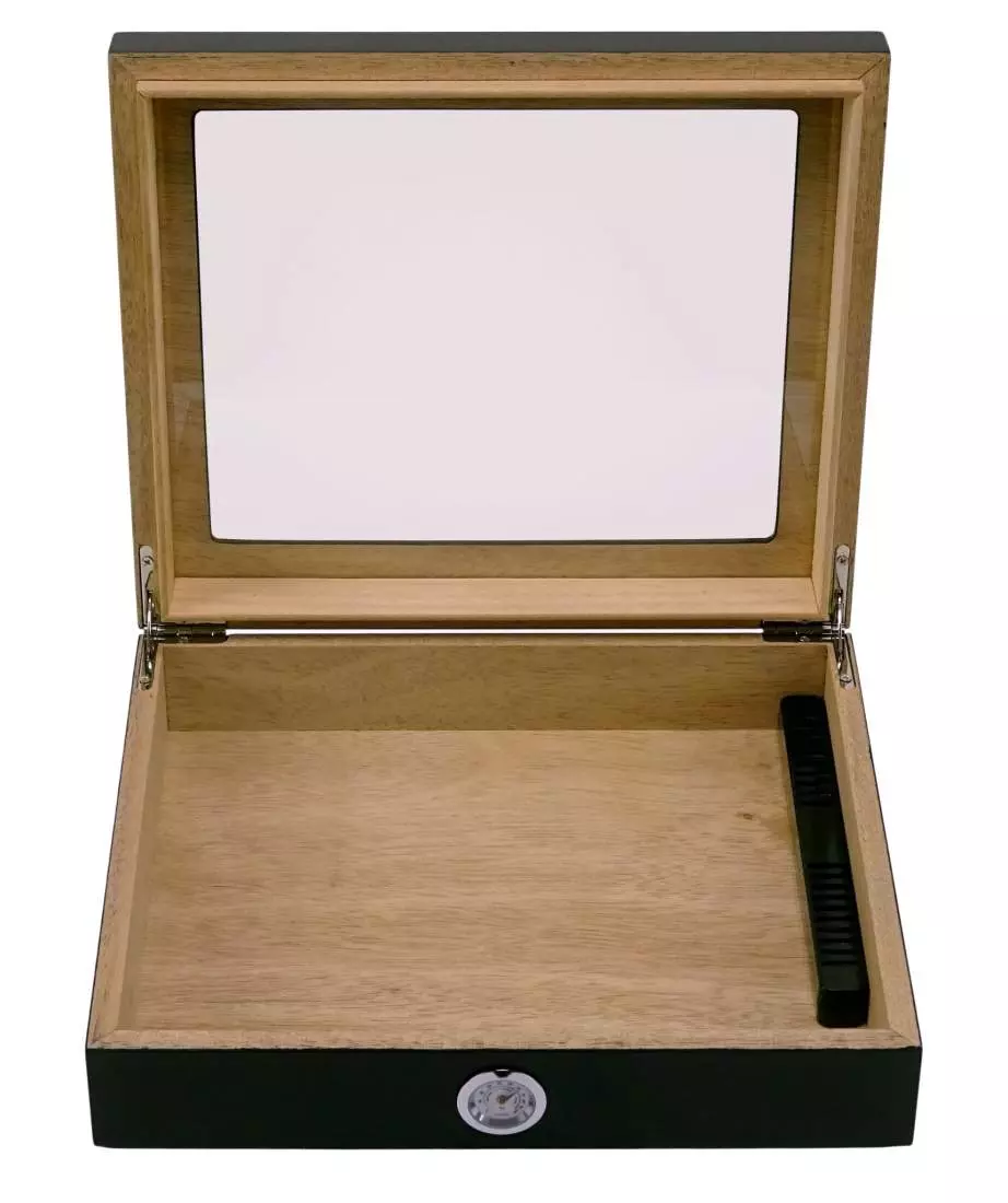 Produktbild: Humidor schwarz matt mit Glasdeckel offen