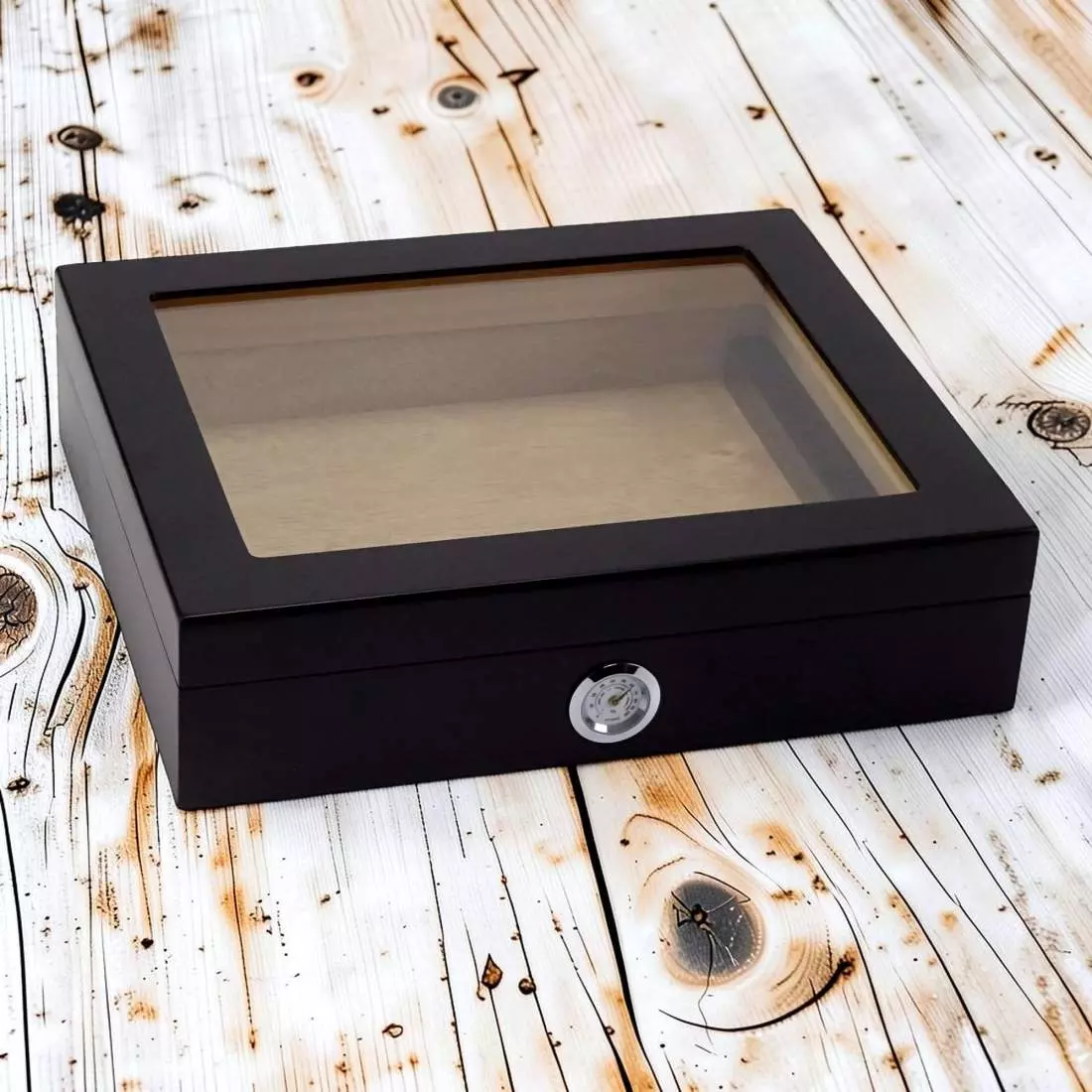 Produktbild: Humidor schwarz matt mit Glasdeckel auf Holz