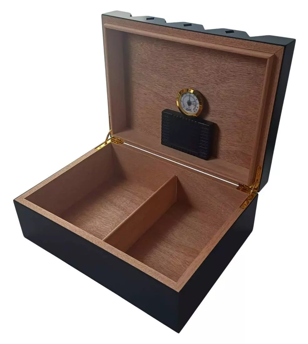 Produktbild: Humidor schwarz matt - Gold seitlich offen