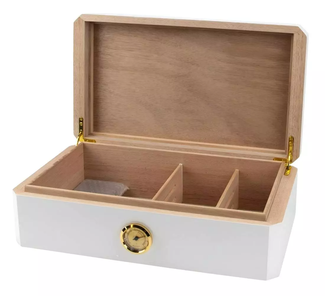Produktbild: Humidor weiss Pianolack mit Leder braun offen
