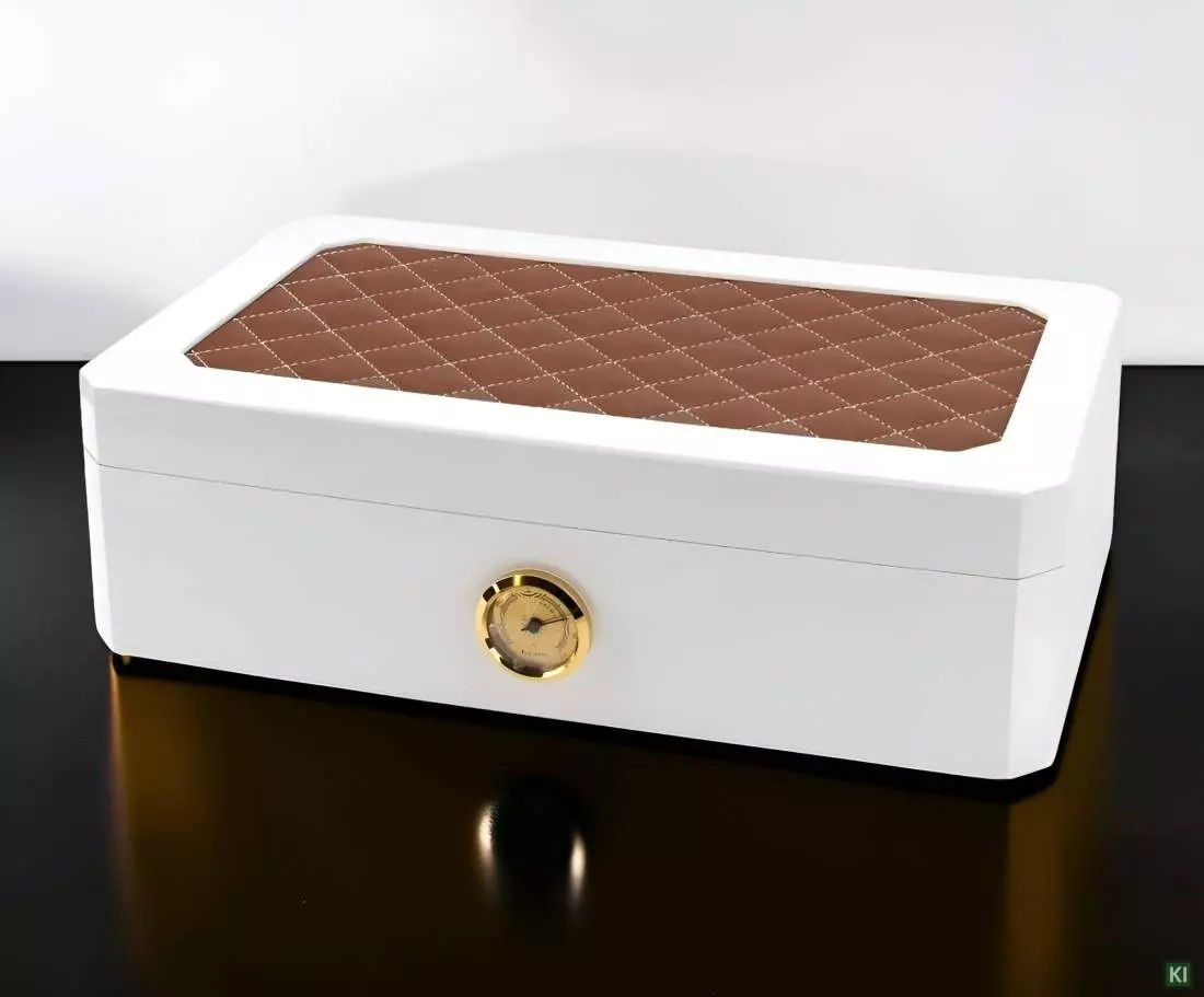 Produktbild: Humidor weiss Pianolack mit Leder braun Szene
