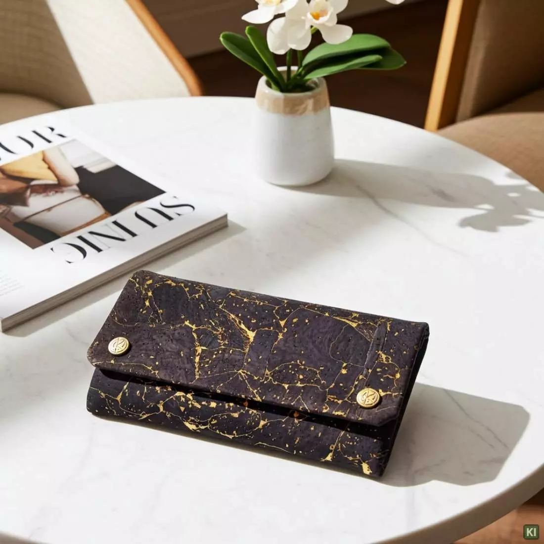 Produktbild: Original Kavatza Midnight Gold Deluxe Kork TPC57CR Tabaktasche auf einem Tisch