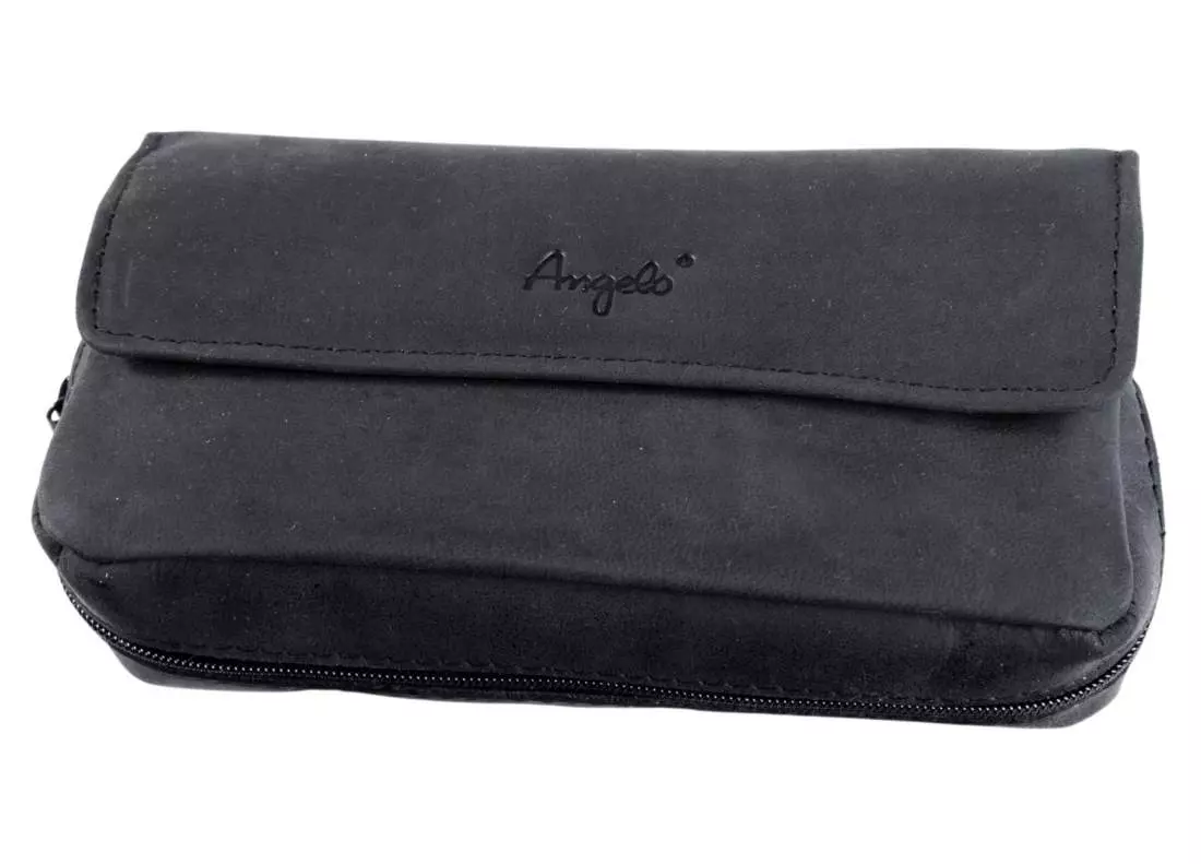 Produktbild: Angelo Pfeifentasche Ziegen-Veloursleder schwarz 2 Pfeifen vorne