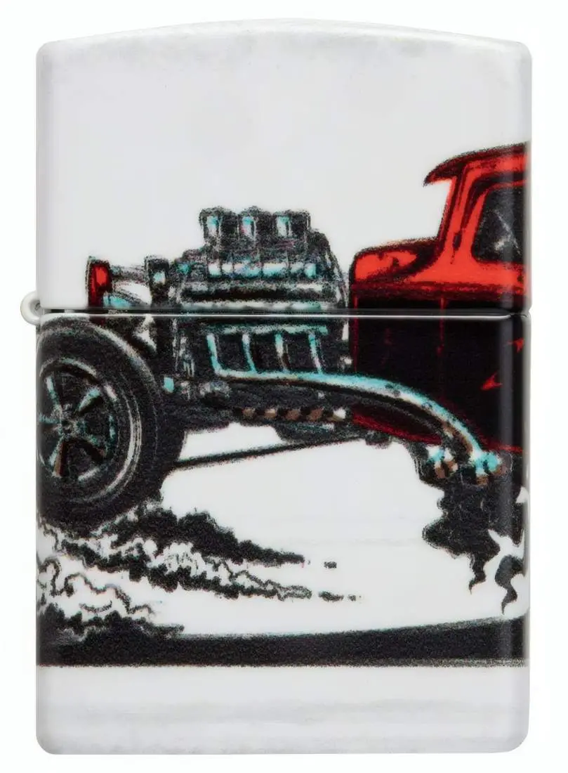 Produktbild: Zippo 60006754 Hot Rod White Matte mit rotem US-Car und offenem Motor Frontseite