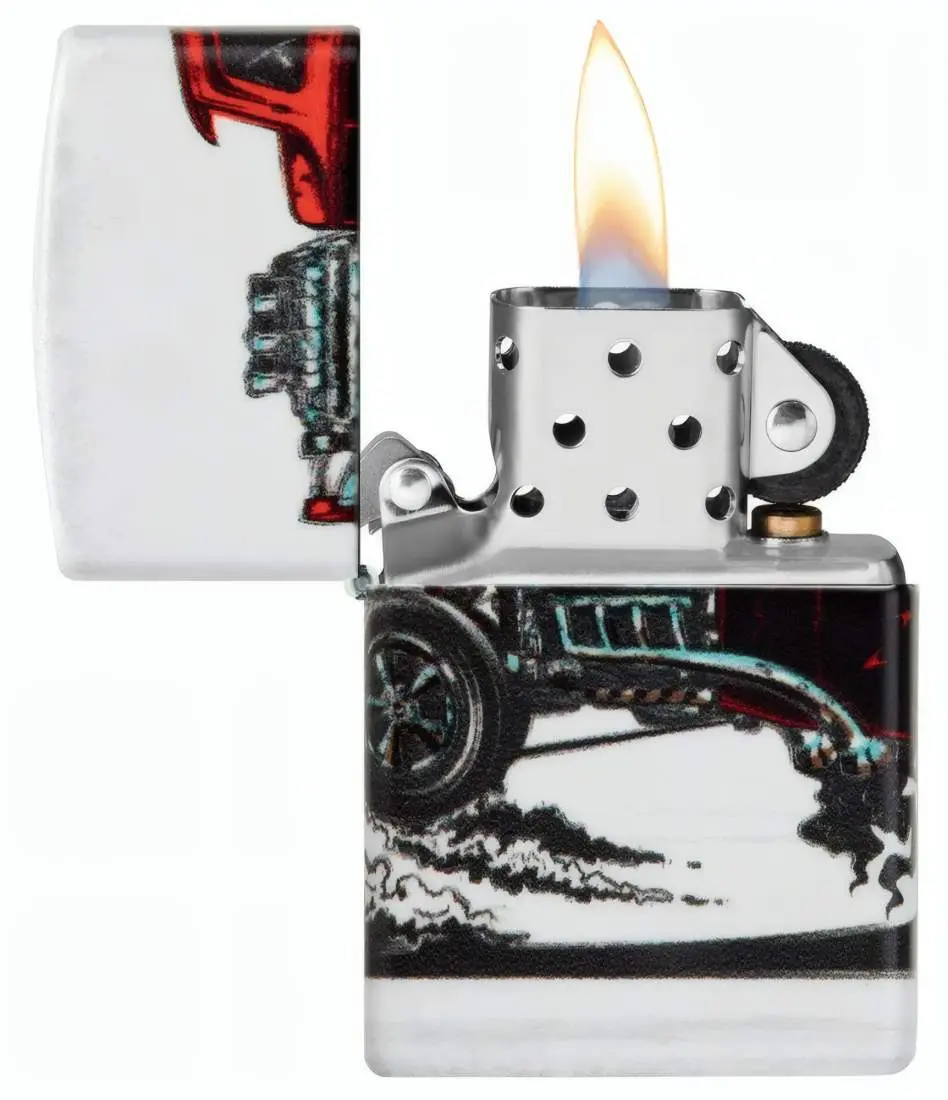 Produktbild: ZZippo 60006754 Hot Rod White Matte mit rotem US-Car und offenem Motor offen mit Flamme