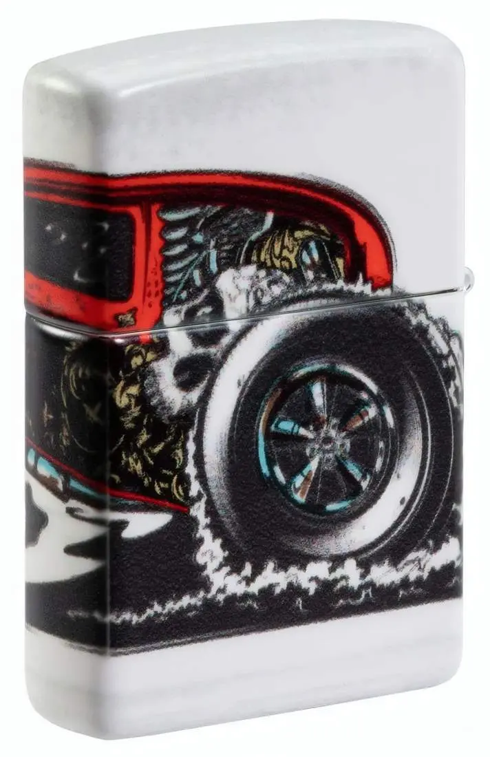 Produktbild: Zippo 60006754 Hot Rod White Matte mit rotem US-Car und offenem Motor Rückseite