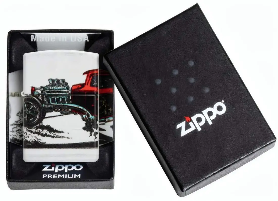 Produktbild: Zippo 60006754 Hot Rod White Matte mit rotem US-Car und offenem Motor Verpackung