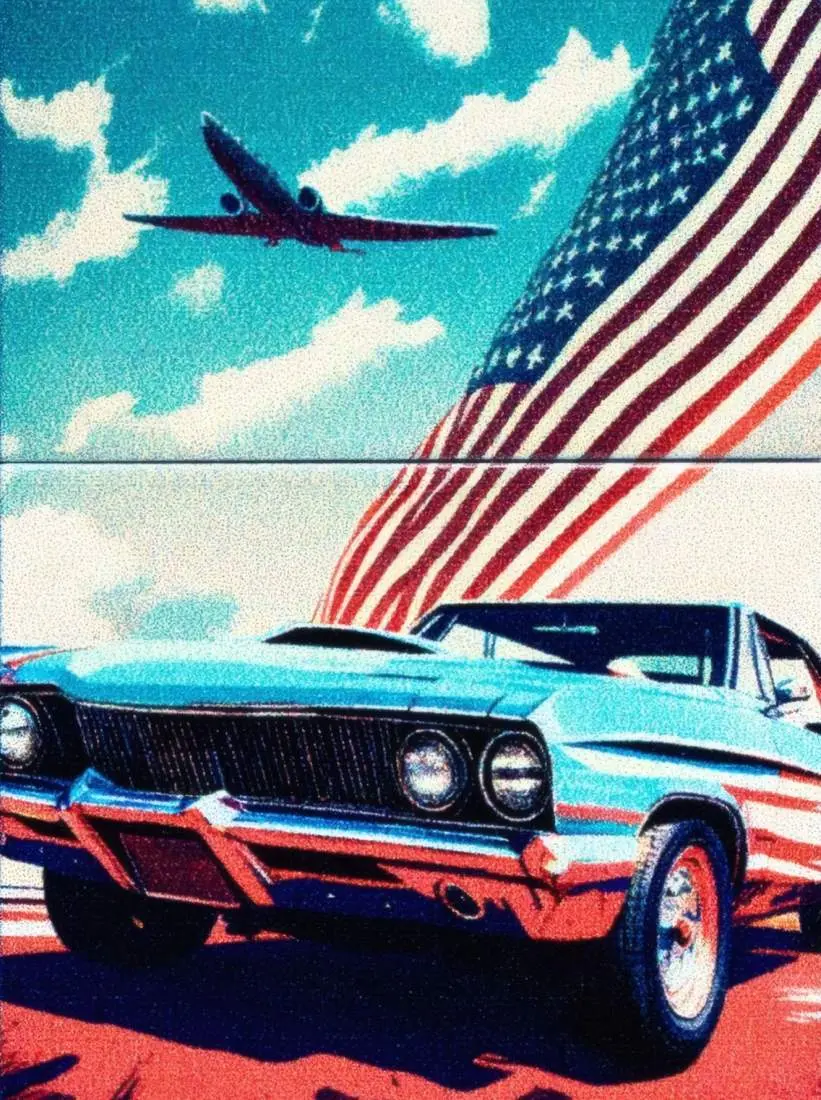 Produktbild: Zippo 60007632 US Muscle-Car Sky Blue Matte mit blauem Classic Car, amerikanischer Flagge und Flugzeug Frontmotiv