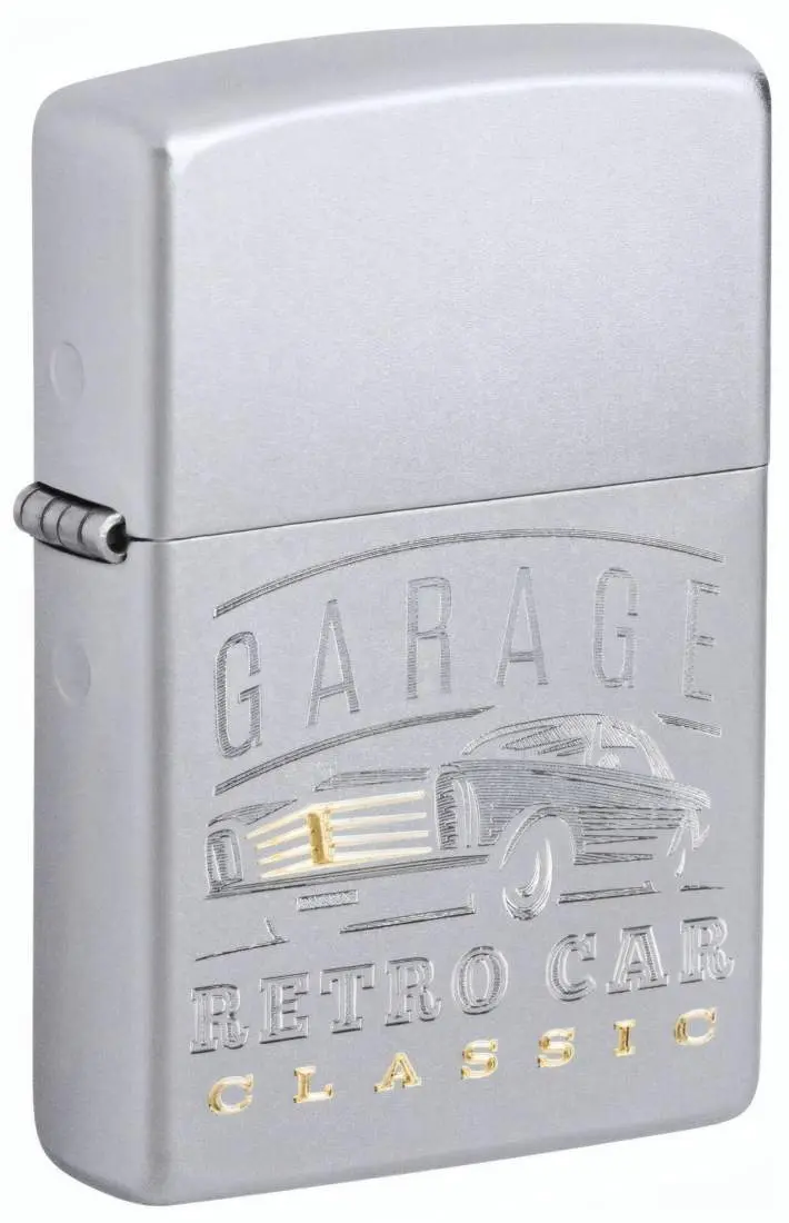 Produktbild: Zippo 60007824 Retro Werkstatt Satin Chrome mit Classic Car, Garage-Schriftzug und messingfarbenen Akzenten
