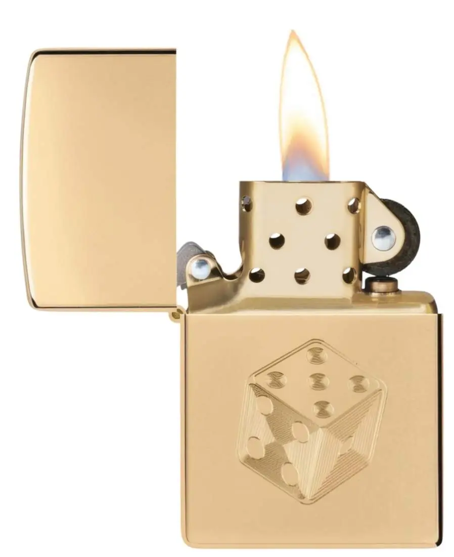 Produktbild: Title-Attribut Hauptbild: Zippo 60007826 Dice High Polish Brass offen mit Flamme