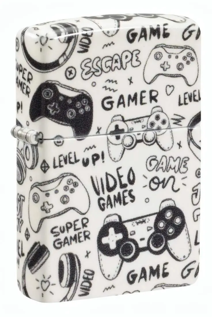 Produktbild: Zippo 60007827 Super-Gamer 540° Games Pattern weiß mit schwarzen Gaming-Controllern, Kopfhörern und Schriftzügen