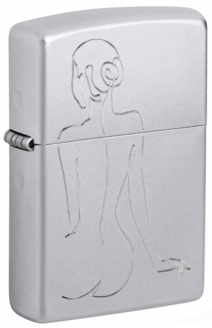 Produktbild: Zippo 60007828 Lady Satin Chrome mit gravierter Frauensilhouette als minimalistische Strichzeichnung