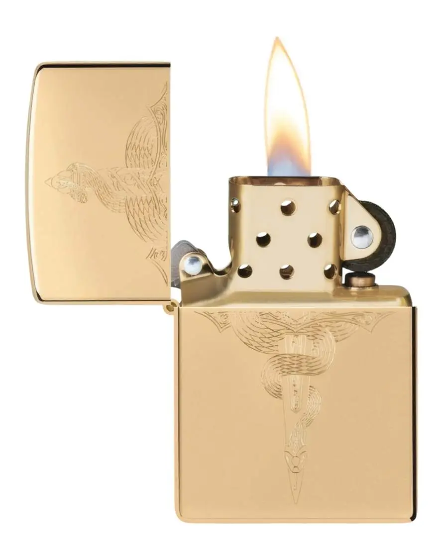 Produktbild: Zippo 60007831 High Polish Brass Serpent offen mit Flamme