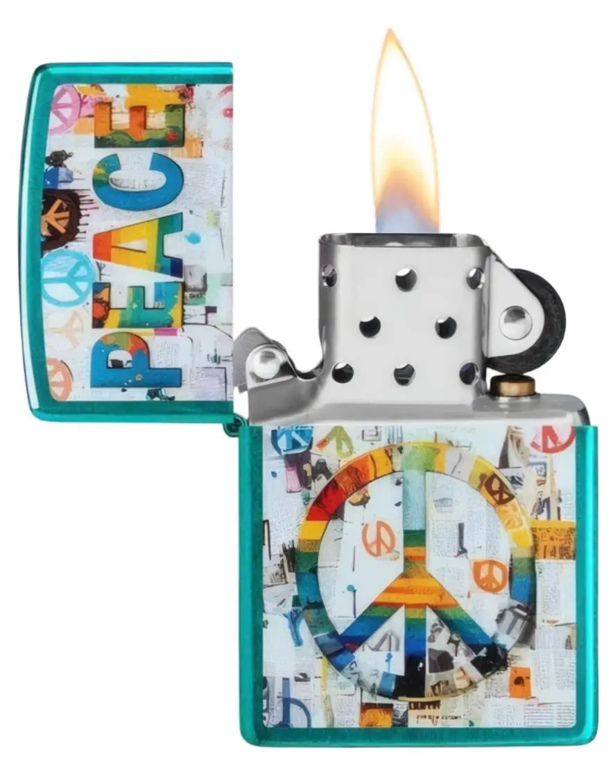 Produktbild: Zippo 60007847 Peace Friedenscollage Candy Teal Color Image offen mit Flamme