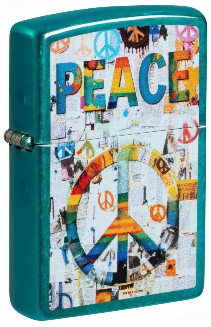 Produktbild: Zippo 60007847 Peace Candy Teal mit PEACE-Schriftzug, Regenbogen-Peace-Zeichen und farbenfroher Friedenscollage