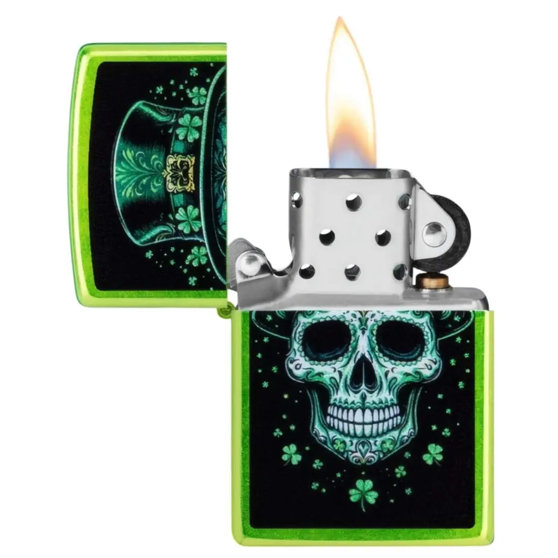 Produktbild: Zippo 60007864 Irish Skull Lurid mit grünem Totenkopf offen mit Flamme