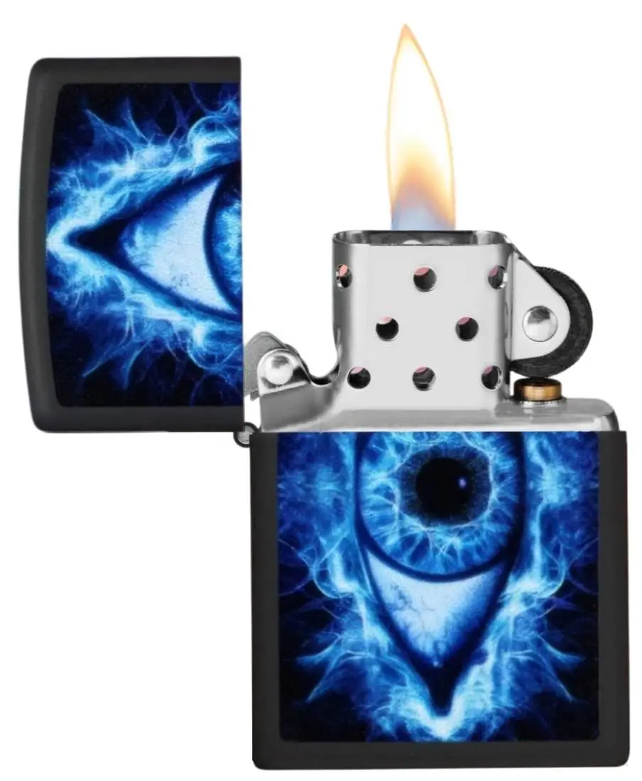 Produktbild: Zippo 60007866 Black Matte Color Eye mit blauem Auge offen mit Flamme