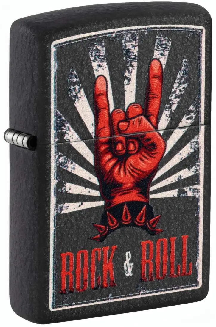 Produktbild: Zippo 60007868 Rock & Roll Poster Black Crackle mit Rock-on-Handzeichen und rotem Rock-&-Roll-Schriftzug