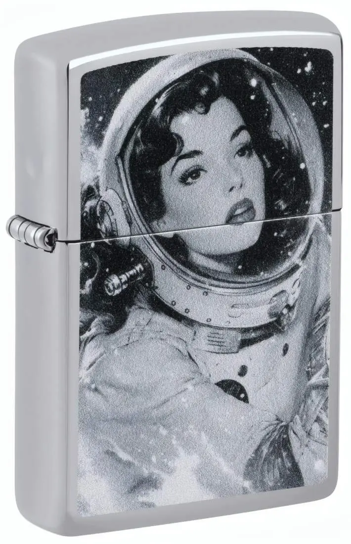 Produktbild: Zippo 60007871 Vintage Astronautin High Polish Chrome mit monochromer Astronautin im Raumanzug und Retro-Pin-up-Motiv