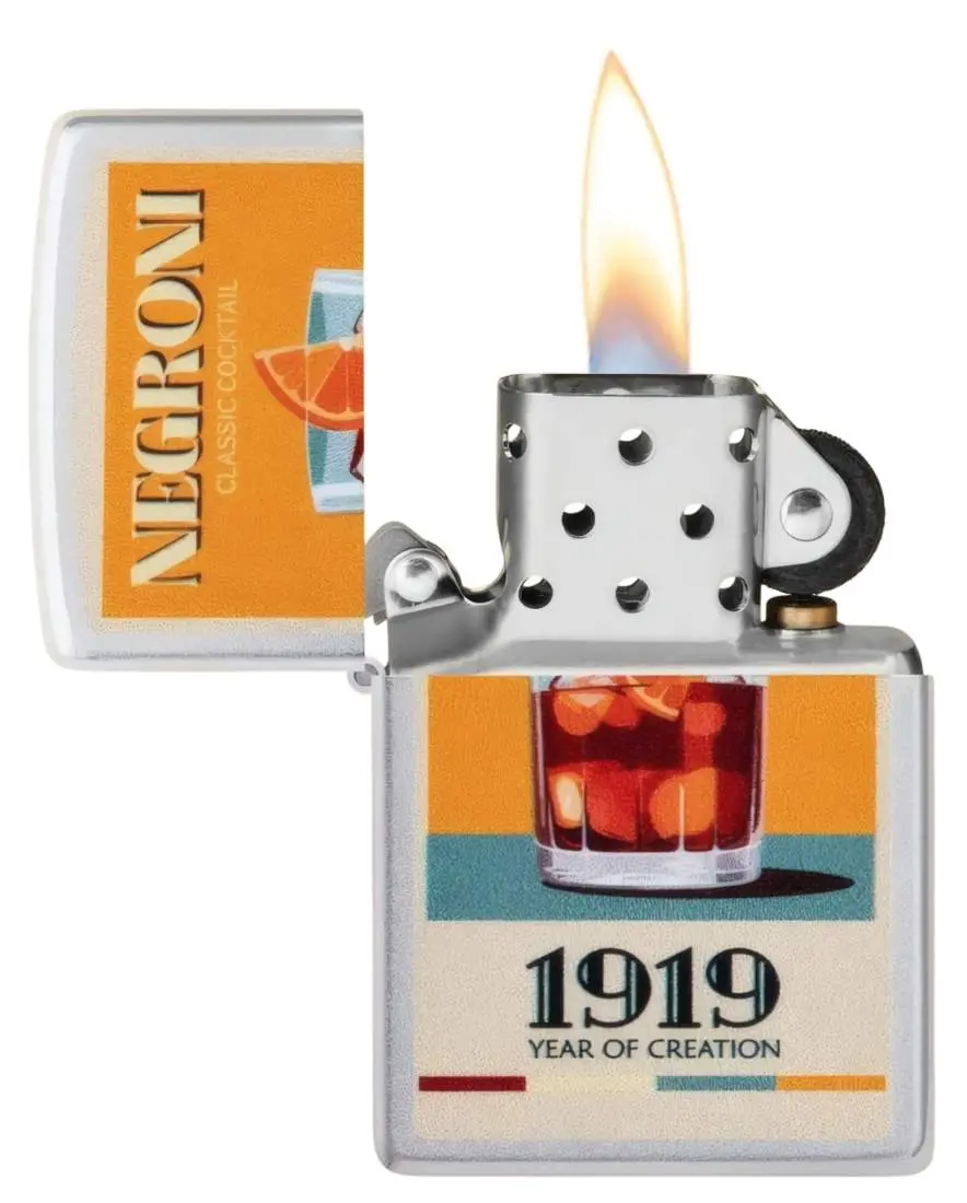 Produktbild: Zippo 60007876 Negroni 1919 Satin Chrome Color Image offen mit Flamme
