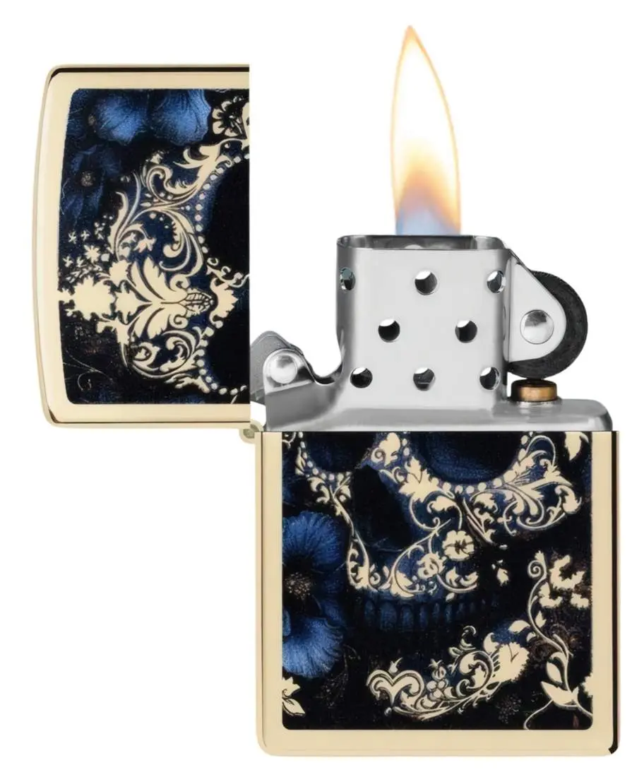 Produktbild: Zippo 60007900 Skull with Flowers Champagne offen mit Flamme