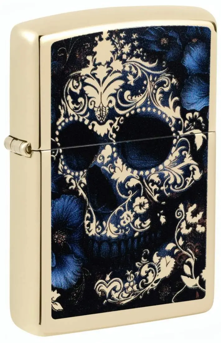 Produktbild: Zippo 60007900 Skull with Flowers Champagne mit floralem Totenkopf, Blüten und geschwungenen Ranken