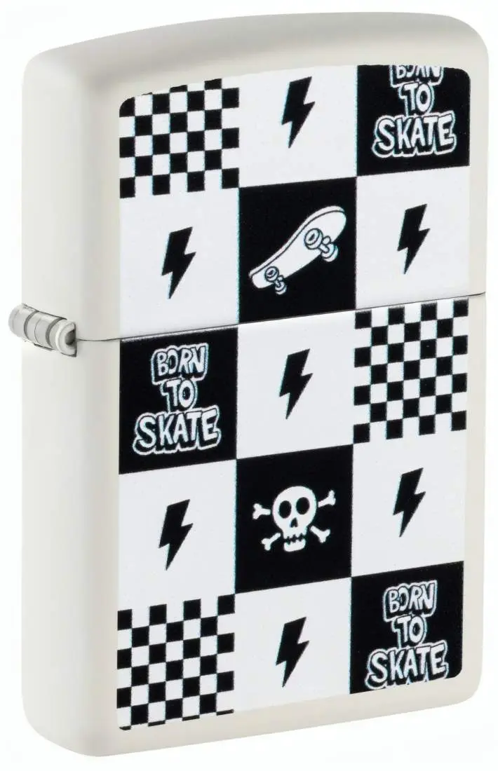 Produktbild: Zippo 60007903 Skateboard Checkers White Matte mit Born-to-Skate-Schriftzug, Skateboard, Schachbrett und Totenkopf