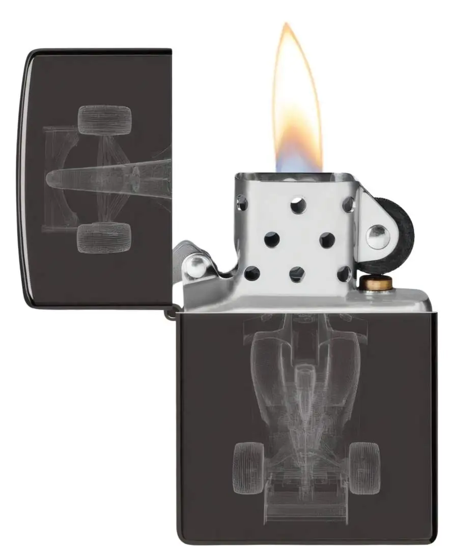 Produktbild: Zippo 60007912 Racecar Röntgenbild Rennwagen High Polish Black Photo Image offen mit Flamme