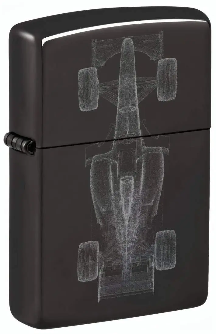 Produktbild: Zippo 60007912 Racecar High Polish Black mit Formel-Rennwagen in Draufsicht und technischem Röntgenbild-Look