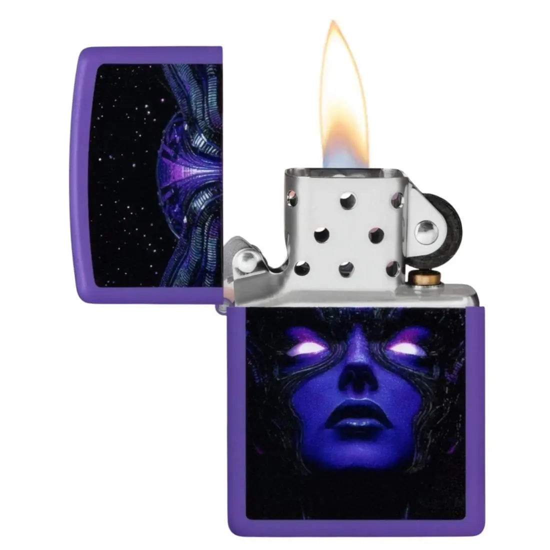 Produktbild: Zippo 60007916 Cyborg Woman Purple Matte Black Light offen mit Flamme