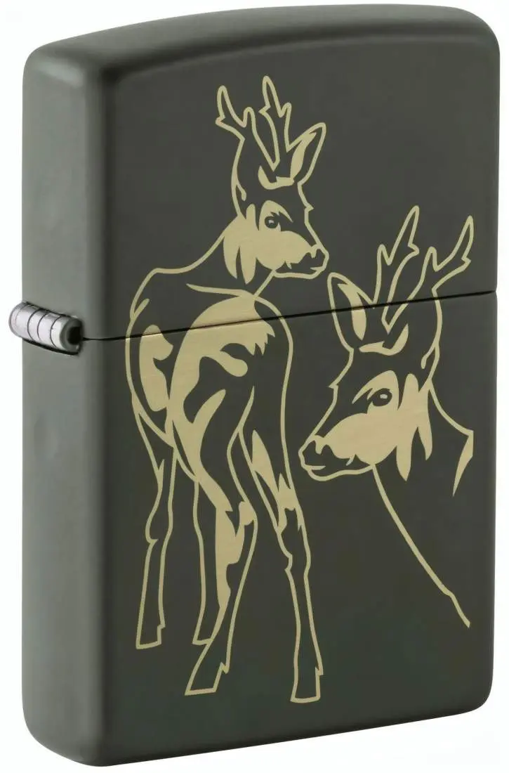 Produktbild: Zippo 60007921 Deer Green Matte mit zwei Hirschen als messingfarbene Lasergravur