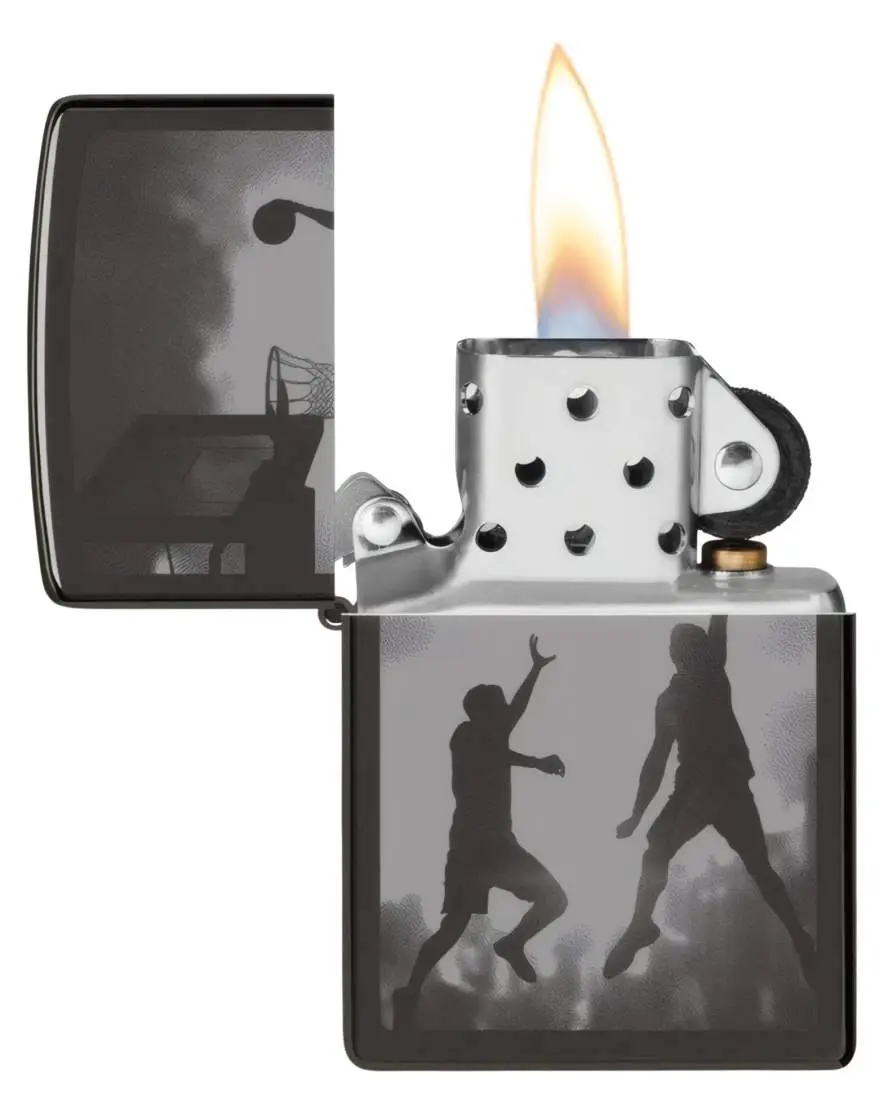 Produktbild: Zippo 60007932 Basketball Slam Dunk High Polish Black Photo Image offen mit Flamme