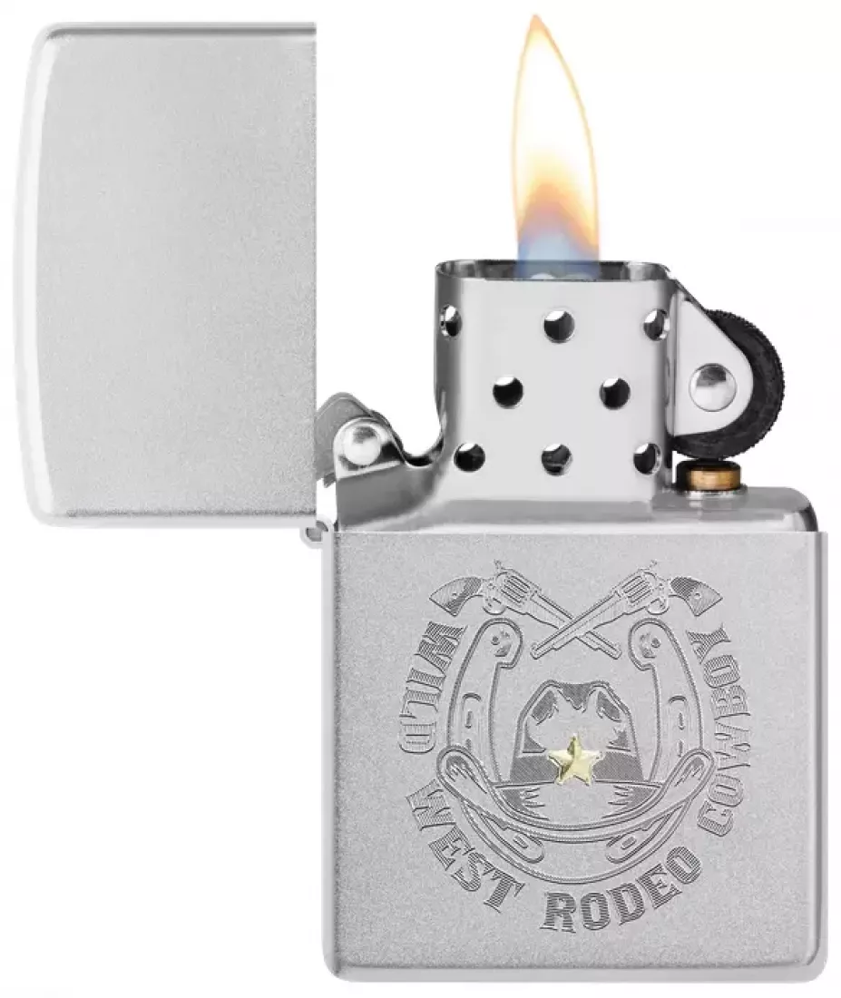 Produktbild: Zippo Wild West Cowboy chrom gebürstet Feuerzeug offen