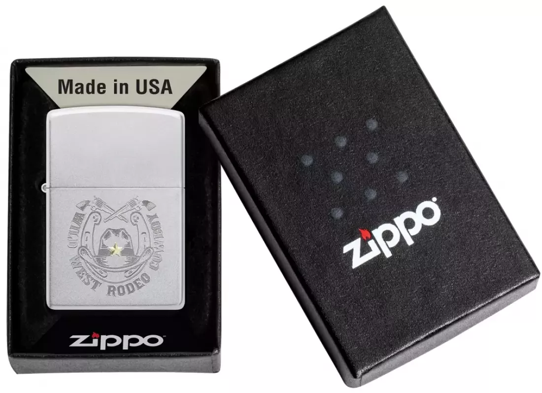 Produktbild: Zippo Wild West Cowboy chrom gebürstet Feuerzeug Verpackung