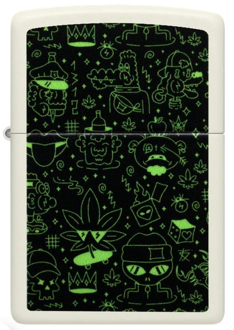 Produktbild: Zippo Doodle Cannabis weiß Glow in the Dark Feuerzeug vorne