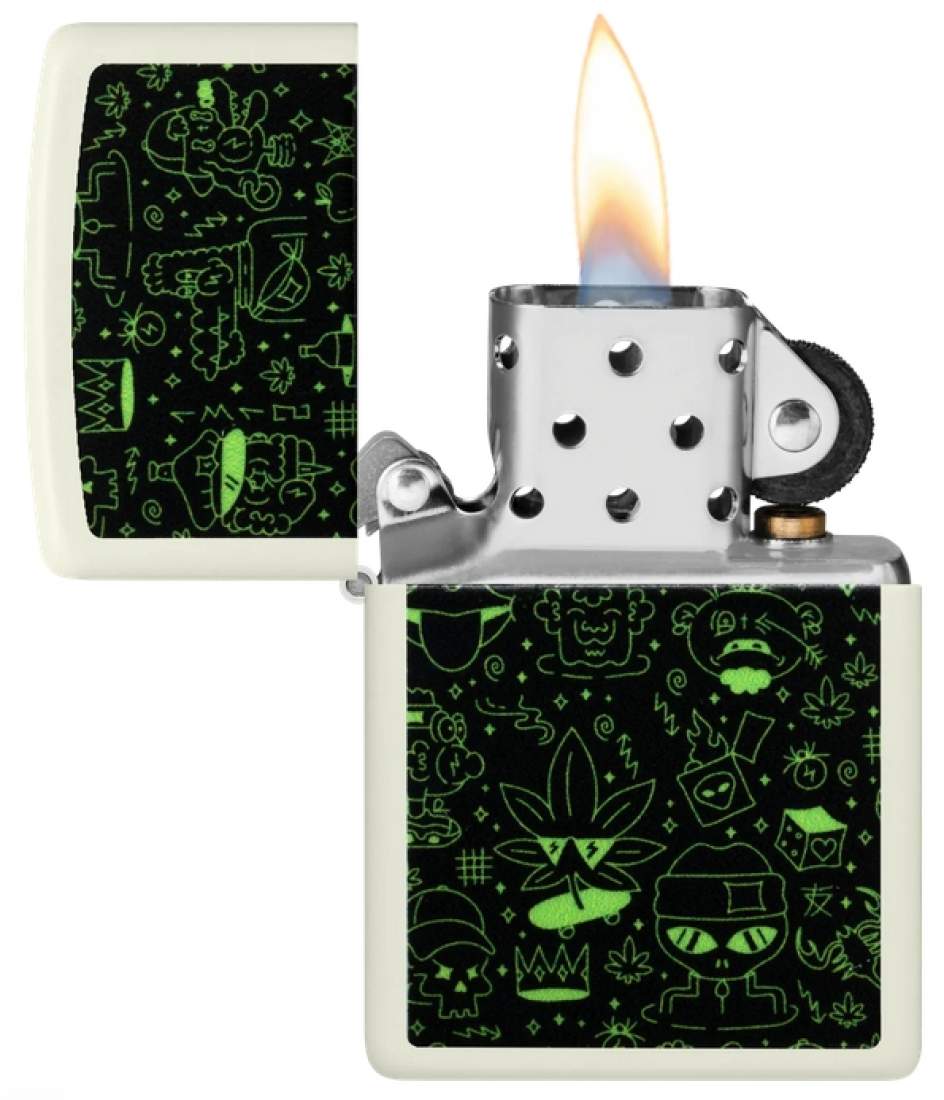 Produktbild: Zippo Doodle Cannabis weiß Glow in the Dark Feuerzeug offen