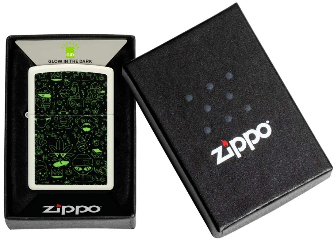 Produktbild: Zippo Doodle Cannabis weiß Glow in the Dark Feuerzeug Verpackung