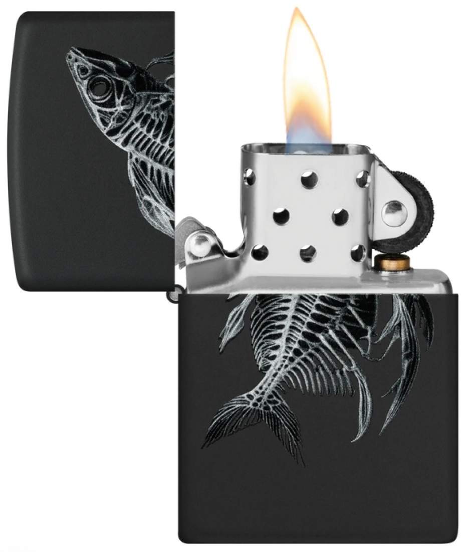 Produktbild: Zippo Fish Skeleton Fischskelett schwarz matt Feuerzeug offen