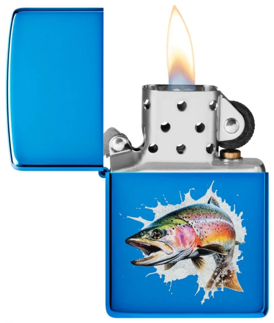 Produktbild: Zippo Jumping Fish Blau hochglänzend Feuerzeug offen